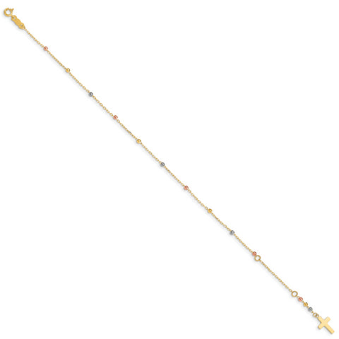 14K Tri Colored Gold Diamond Cut Beaded Cross W/1 IN Ext Bracelet FB1456 - shirin-diamonds