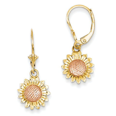 14k Two-tone Polished Sunflower Dangle Leverback Earrings FB577E - shirin-diamonds