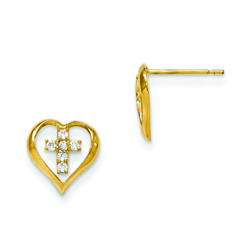 14k Madi K CZ Children's Heart Cross Post Earrings GK754 - shirin-diamonds