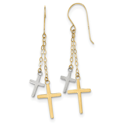 14K Two-tone Chain Dangle Cross Shepherd Hook Earrings H1091 - shirin-diamonds
