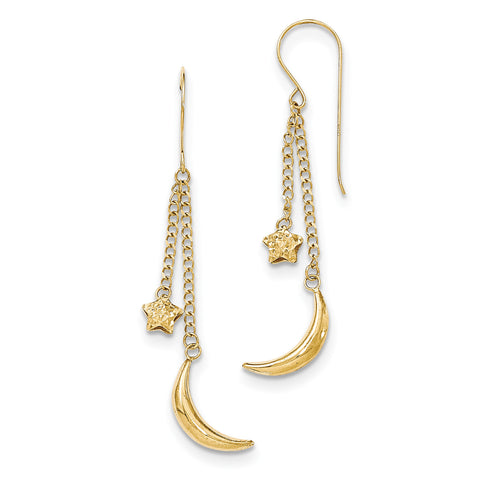 14K Chain Dangle Puffed Moon & Stars Shepherd Hook Earrings H1095 - shirin-diamonds