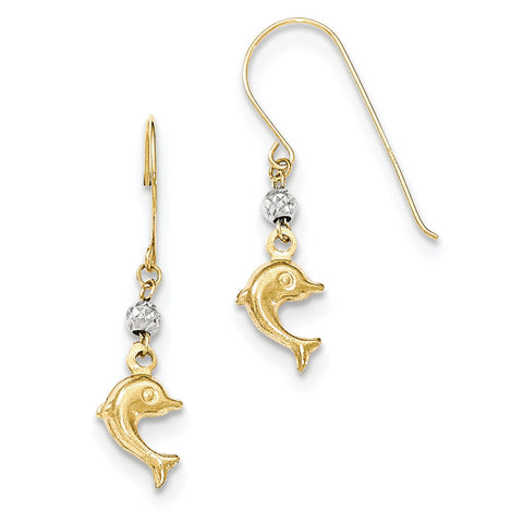 14K Two Toned Puffed Dolphin Shepherd Hook Earrings H1133 - shirin-diamonds