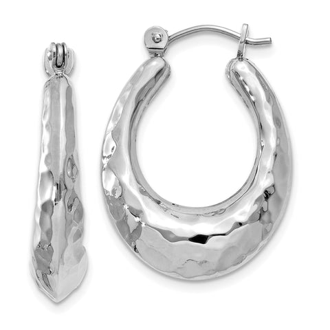 14k White Gold Polished Hammered Hoop Earrings H752 - shirin-diamonds
