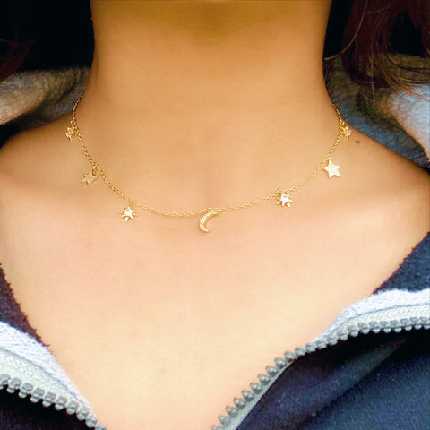 star & moon dangly necklace