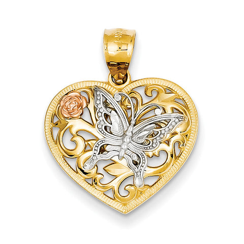14k Tri color Butterfly Heart Pendant K3250 - shirin-diamonds