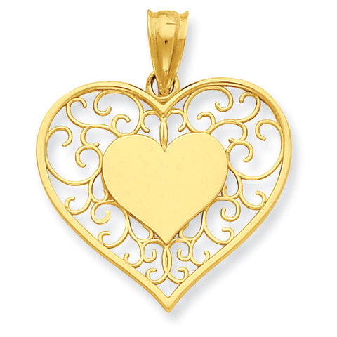 14k Heart in Heart Polished & Filigree Pendant K3982 - shirin-diamonds