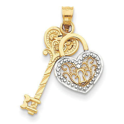 14K & Rhodium Diamond-cut Key & Heart Lock Pendant K4034 - shirin-diamonds