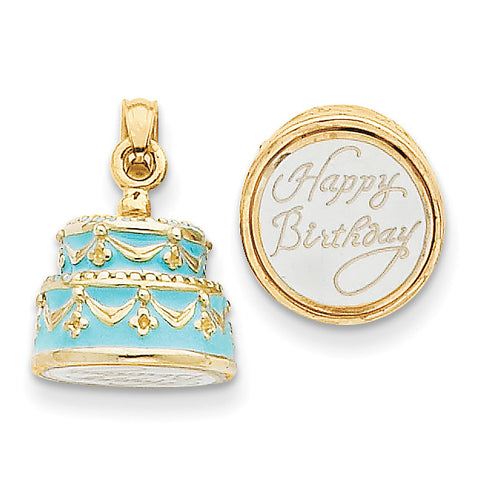 14K 3-D Light Blue Enameled Happy Birthday Cake Pendant K4057 - shirin-diamonds