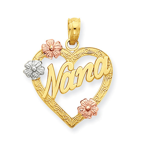 14K Tri-color Nana in Heart with Flowers Pendant K4083 - shirin-diamonds