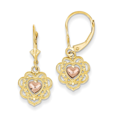 14K Two-tone Heart with Lace Trim Leverback Earrings K4384 - shirin-diamonds