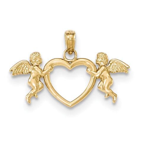 14k Flying Cherubs Holding Heart Pendant - shirin-diamonds