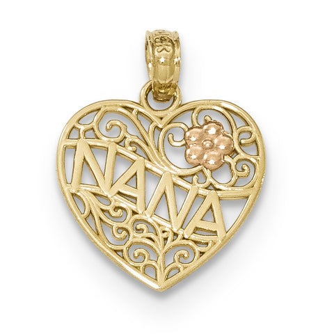 14K Two-tone Polished Nana w/Flower on Heart Pendant - shirin-diamonds