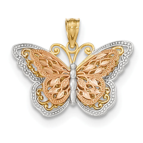 14k Y/R Gold w/ Rhodium Polished Cut-out 2-level Butterfly Pendant - shirin-diamonds