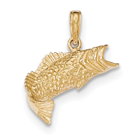 14K Gold Polished & Textured Bass Fish Pendant - shirin-diamonds