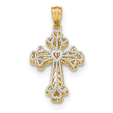 14k Y/W Gold Polished Filigree 2 Level Heart Cross Pendant K5503 - shirin-diamonds
