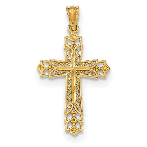 14k Gold Polished Filigree Cross Pendant K5504 - shirin-diamonds