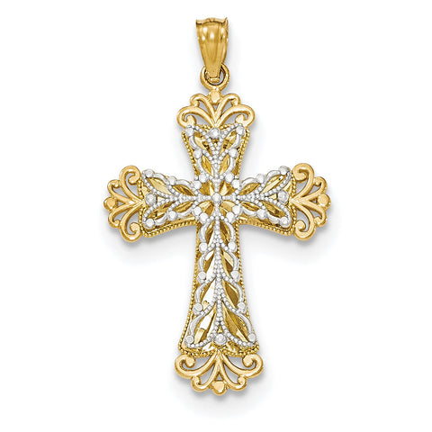 14k Y/W Gold Polished 2 Level Budded Cross Pendant K5521 - shirin-diamonds