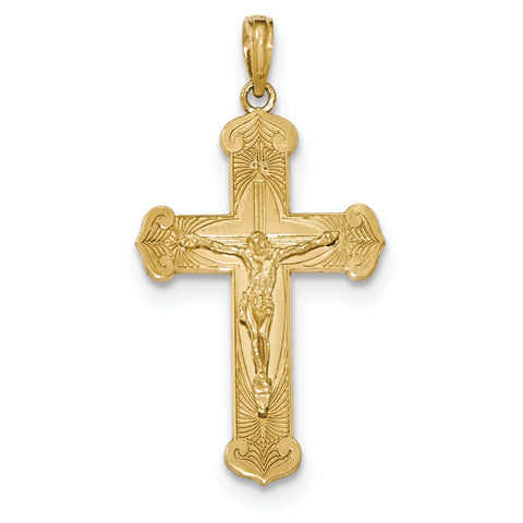 14K Gold Polished 2-D Crucifix with Jesus on Engraved Cross Pendant - shirin-diamonds