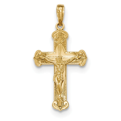 14K Gold Polished & Textured Crucifix w/Jesus on Engraved Cross Pendant - shirin-diamonds