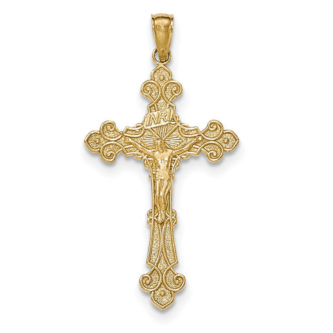 14K Gold Polished Textured INRI Crucifix Fleur de Lis Pendant K5571 - shirin-diamonds