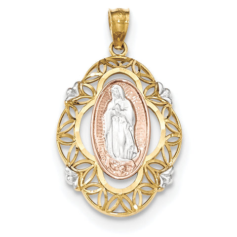 14k Yellow and Rose Gold w/Rhodium Polished Guadalupe Medal Pendant K5646 - shirin-diamonds