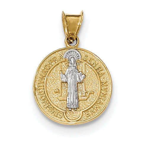 14k With Rhodium Circle St. Benedict Medal Pendant K5659 - shirin-diamonds
