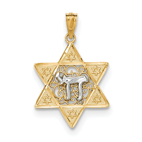 14k Two-tone Gold Polished Star of David w/Chai Pendant K5707 - shirin-diamonds