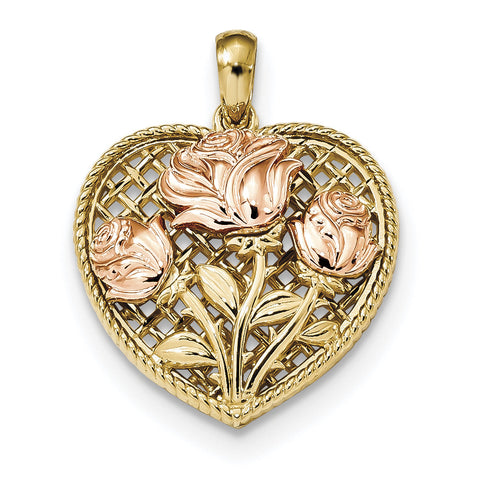 14k Yellow & Rose Polished Roses Basketweave Heart Pendant K5849 - shirin-diamonds