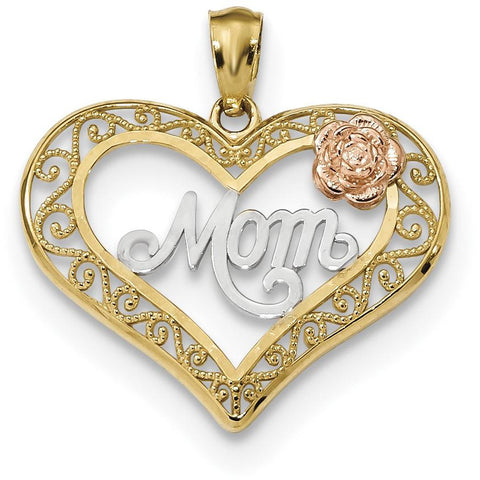 14k Yellow & Rose w/Rhodium DC Mom in Heart w/Rose Pendant K5896 - shirin-diamonds