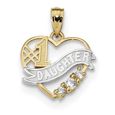 14k w/Rhodium CZ #1 Daughter Heart Pendant K5904 - shirin-diamonds