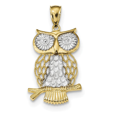 14k & Rhodium Diamond-cut Polished Moveable Owl Pendant K5979 - shirin-diamonds