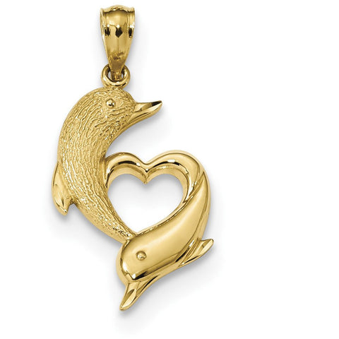 14k D/C Satin & Polished Dolphins Heart Pendant K6026 - shirin-diamonds