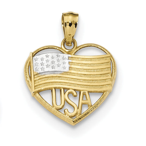 14k w/Rhodium Polished American Flag & USA in Heart Pendant K6111 - shirin-diamonds