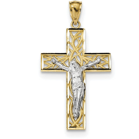 14k Two-tone Satin & Polished D/C Crucifix w/Vines Pendant K6300 - shirin-diamonds