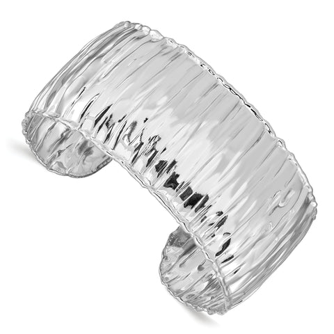 Sterling Silver Rhodium-plated Polished & Textured Cuff Bangle QB1011 - shirin-diamonds