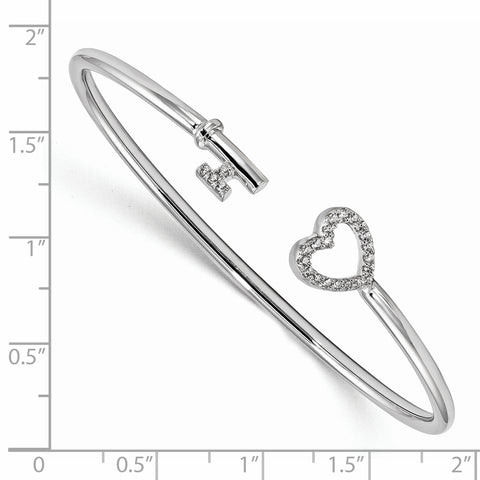 Sterling Silver Rhodium-plated CZ Heart and Key Flexible Bangle QB1219 - shirin-diamonds