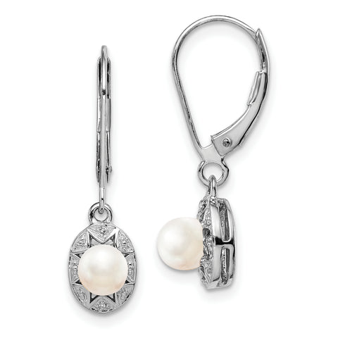 Sterling Silver Rhodium-plated Diam. & FW Cultured Pearl Earrings QBE10JUN