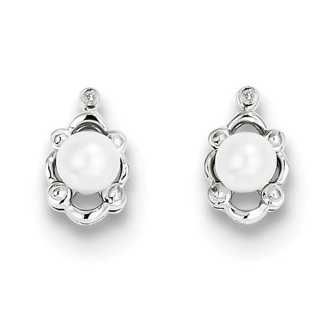 Sterling Silver Rhodium-plated FW Cultured Pearl & Diam. Earrings QBE21JUN - shirin-diamonds