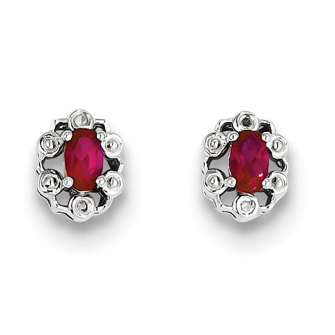 Sterling Silver Rhodium-plated Created Ruby & Diam. Earrings QBE22JUL - shirin-diamonds