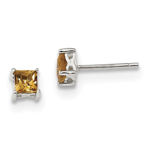 Sterling Silver 4mm Princess Citrine Post Earrings QBE28NOV - shirin-diamonds