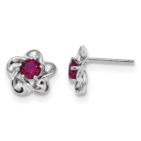 Sterling Silver Rhodium-plated Floral Created Ruby Post Earrings QBE31JUL - shirin-diamonds