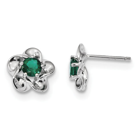 Sterling Silver Rhodium-plated Floral Created Emerald Post Earrings QBE31MAY - shirin-diamonds