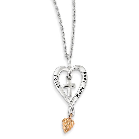 Sterling Silver & 12K Rose Leaf Faith, Hope, Love Heart Necklace QBH180 - shirin-diamonds
