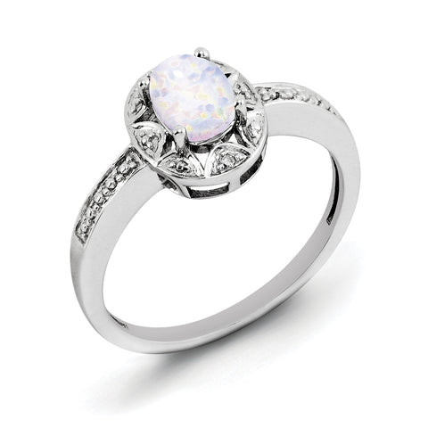 Sterling Silver Rhodium-plated Diam. & Created Opal Ring QBR10OCT - shirin-diamonds