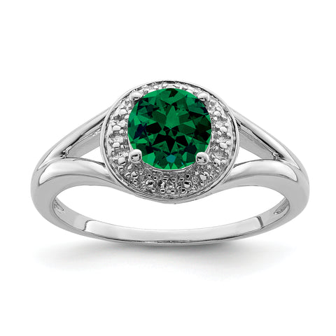 Sterling Silver Rhodium-plated Diam. & Created Emerald Ring QBR11MAY