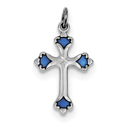 Sterling Silver Rhodium-plated Blue Enameled Budded Cross Charm QC3341 - shirin-diamonds