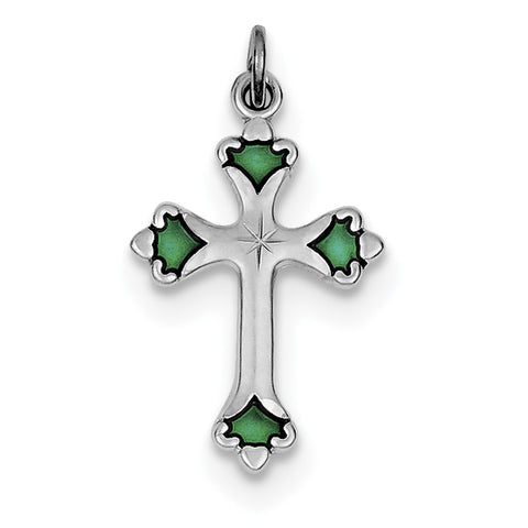 Sterling Silver Rhodium-plated Green Enameled Budded Cross Charm QC3342 - shirin-diamonds