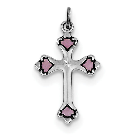 Sterling Silver Rhodium-plated Pink Enameled Budded Cross Charm QC3343 - shirin-diamonds