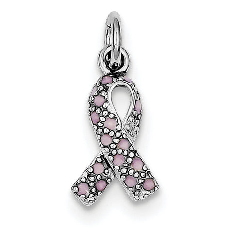 Sterling Silver Rhodium-plated Enameled Pink Ribbon Charm QC4181 - shirin-diamonds