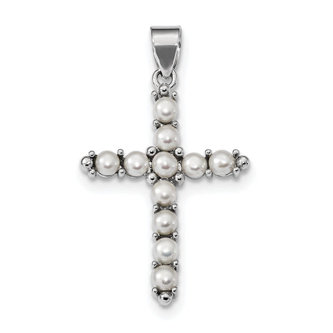 Sterling Silver Rhodium-platedFW Cultured Pearl Cross Pendant QC5297 - shirin-diamonds